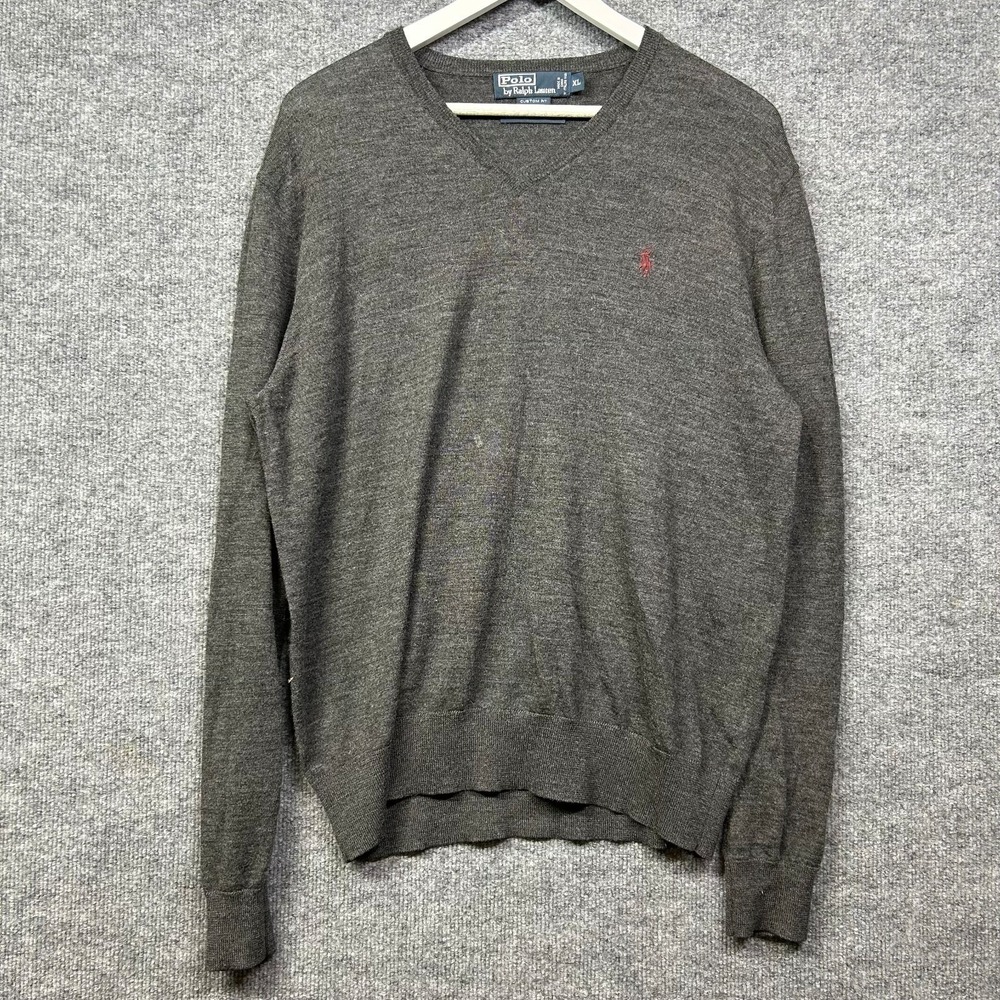 Polo Ralph Lauren Pullover Sweater Men's Gray Merino Wool V-Neck Custom Fit - XL